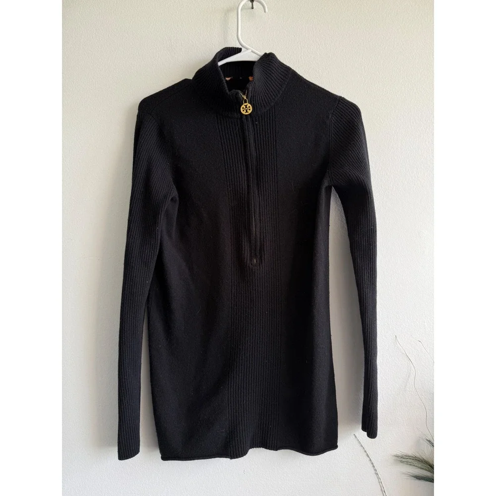 Tory Burch Black Wool Cashmere Quarter Zip Mock Neck Sweater Womens Size‎ M